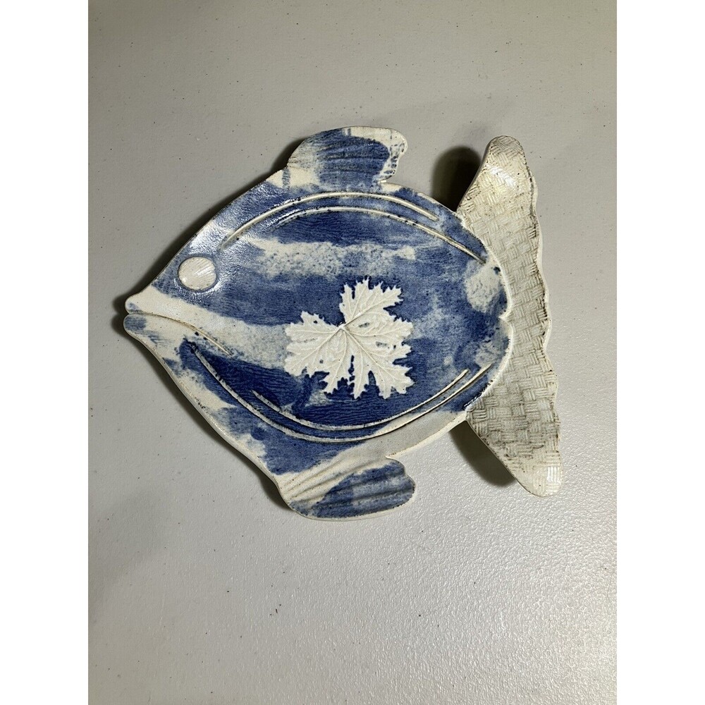 Handmade Ceramic Pottery Studio Art Blue Fish Plate Dish
